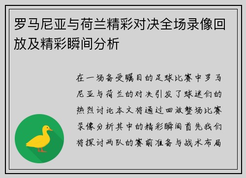罗马尼亚与荷兰精彩对决全场录像回放及精彩瞬间分析